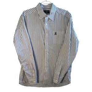 Psycho Bunny Mens Blue White Striped Pima Cotton Button Down Shirt Large L